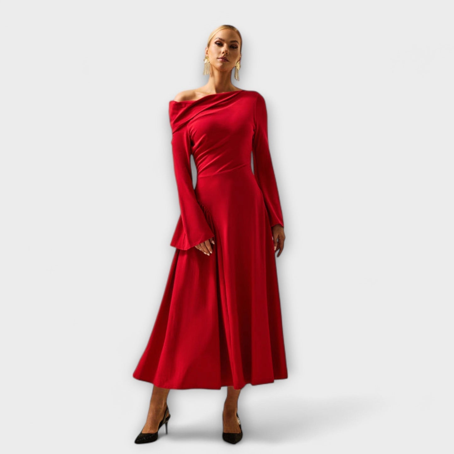 Elegant Cold Shoulder Dress with Puffy Sleeves - Nocini