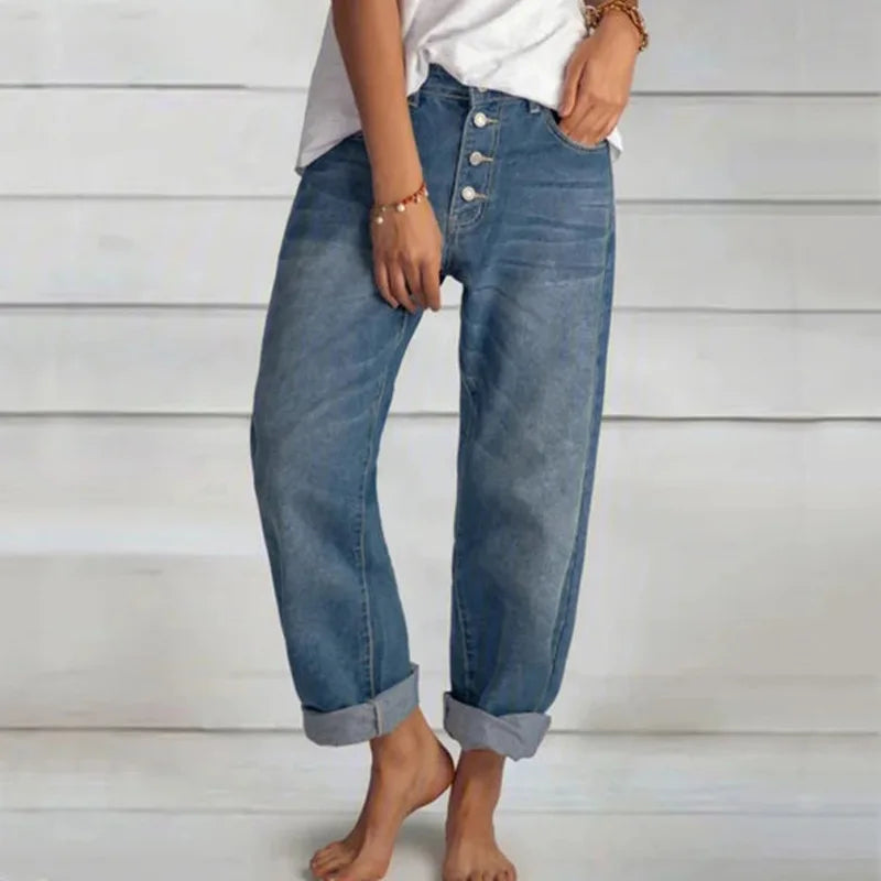 Women's Distressed Boyfriend Jeans with Roll Up Hems - Nocini