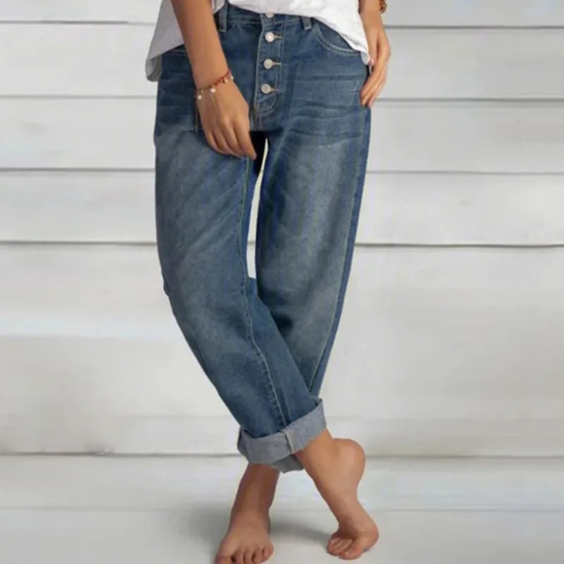 Women's Distressed Boyfriend Jeans with Roll Up Hems