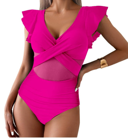 Women's Swimsuit - Slim Fit - Low Neck - Flirty Sleeves