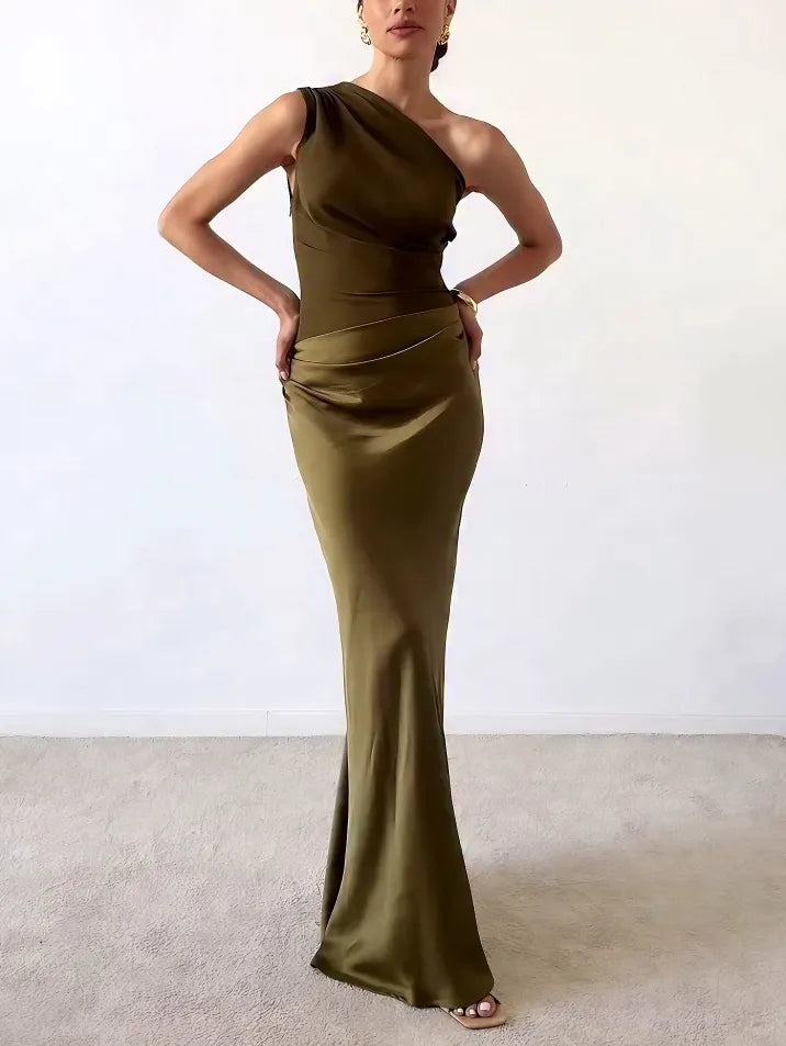 Elegant Asymmetrical Maxi Dress with Flowy Satin Skirt