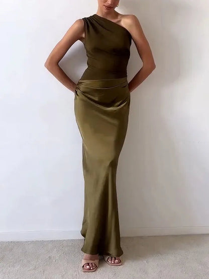 Elegant Asymmetrical Maxi Dress with Flowy Satin Skirt