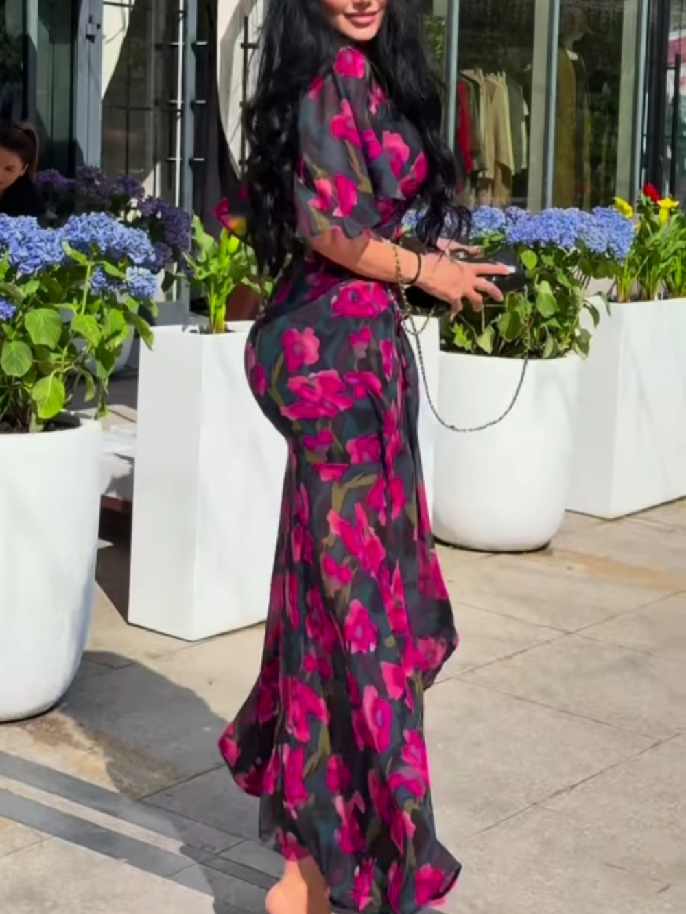 Vintage Print V-Neck Flared Sleeve Dress