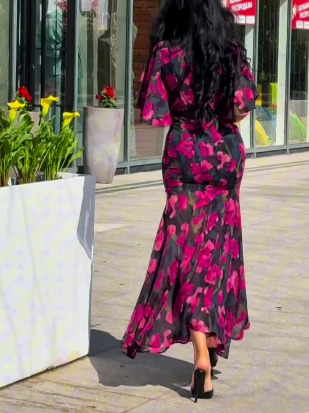 Vintage Print V-Neck Flared Sleeve Dress