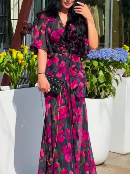 Vintage Print V-Neck Flared Sleeve Dress - Olytrend