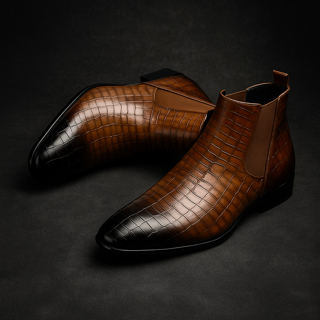Sleek Leather Crocodile Boots for Men - Classic Comfortable Style