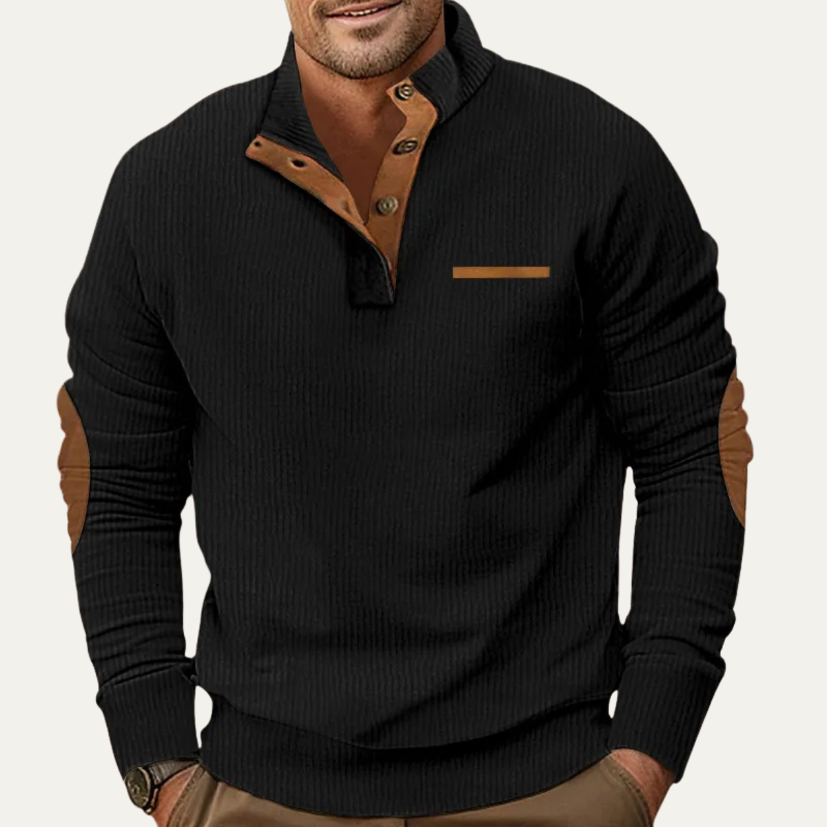 Classic Men's Corduroy Button Neck Patch Sweater
