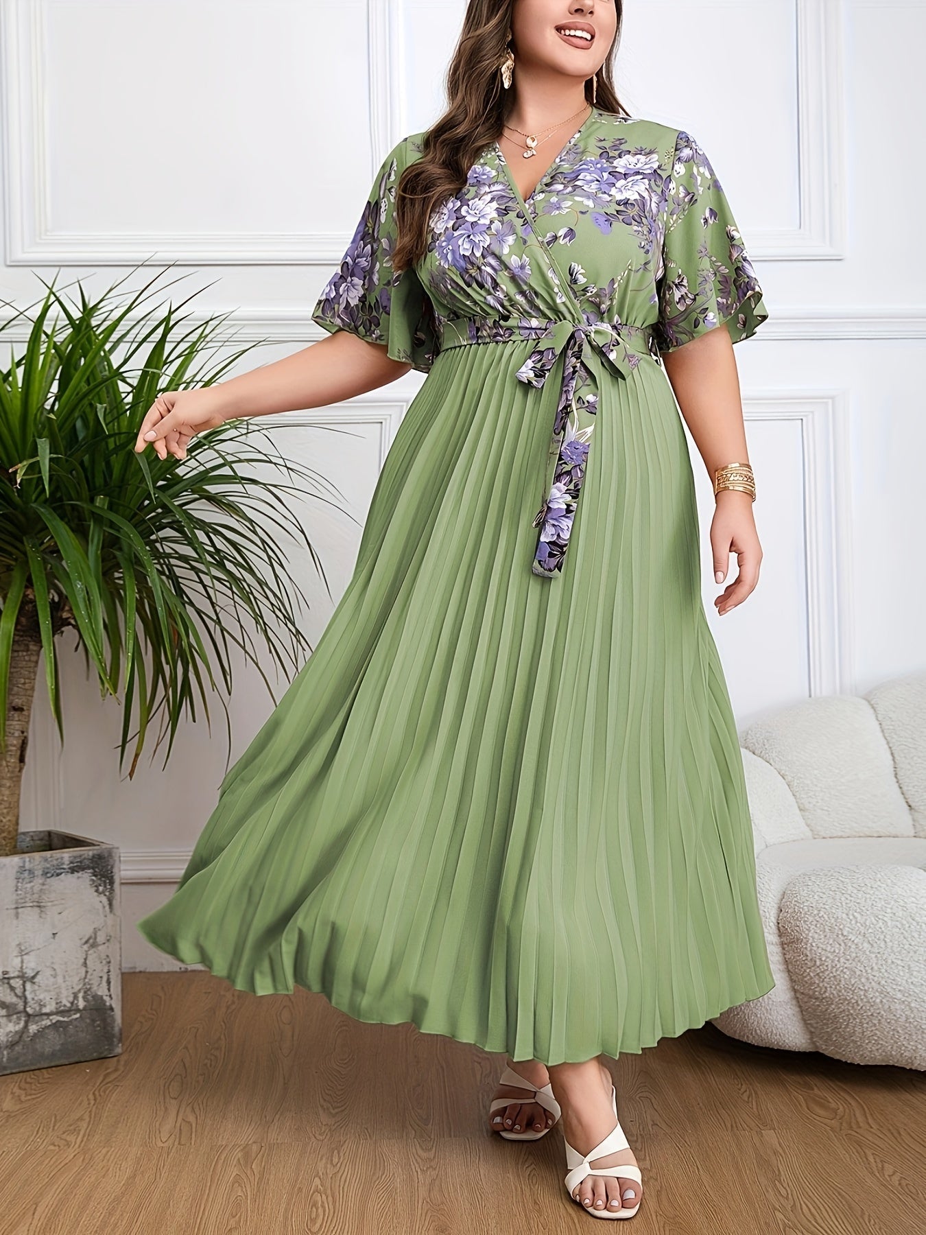 Flowy V-Neck Maxi Dress with Belted Waist - Nocini