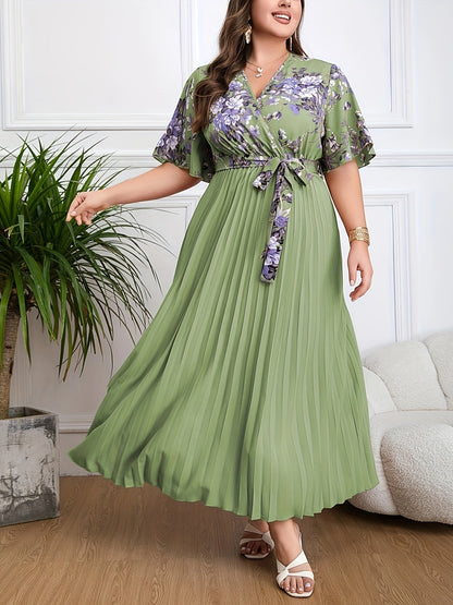 Flowy V-Neck Maxi Dress with Belted Waist - Nocini