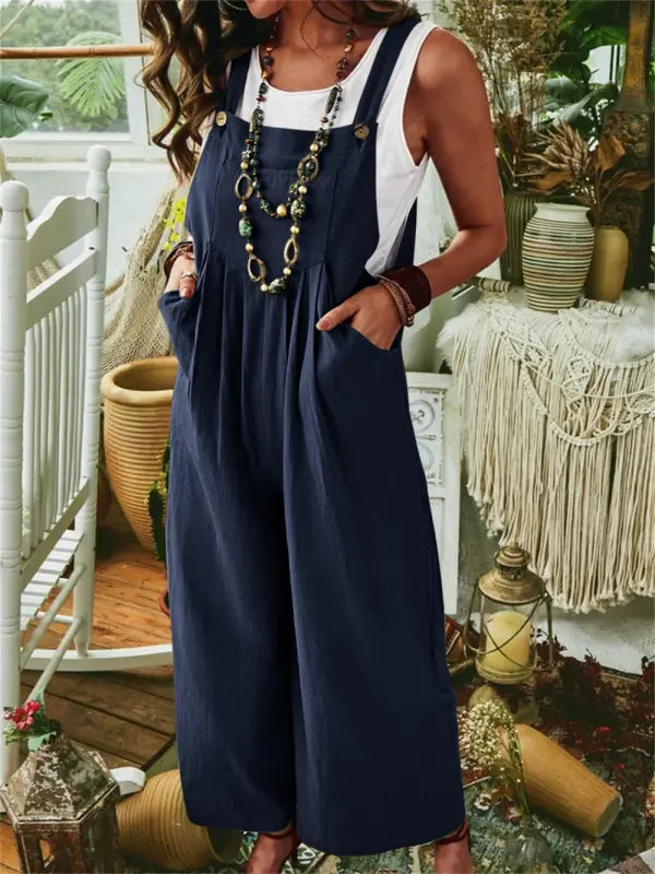 Loose Fit Women's Jumpsuit with Elastic Waist and Adjustable Straps
