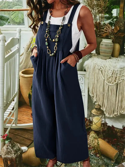 Loose Fit Women's Jumpsuit with Elastic Waist and Adjustable Straps