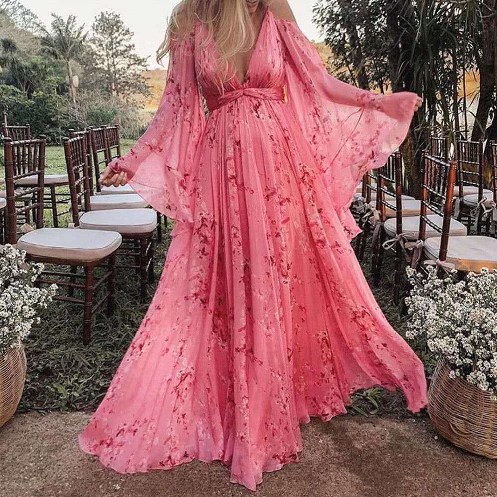 Elegant V Neck Maxi Dress with Floral Print - Nocini