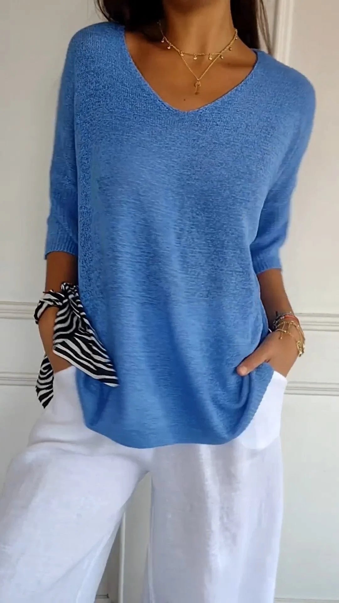 Relaxed Fit Women's V Neck Sweater Top