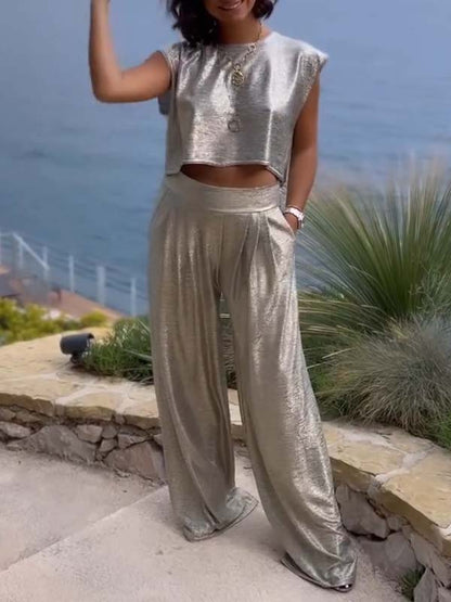 Summer Crop Top and Loose Fit Pants Set