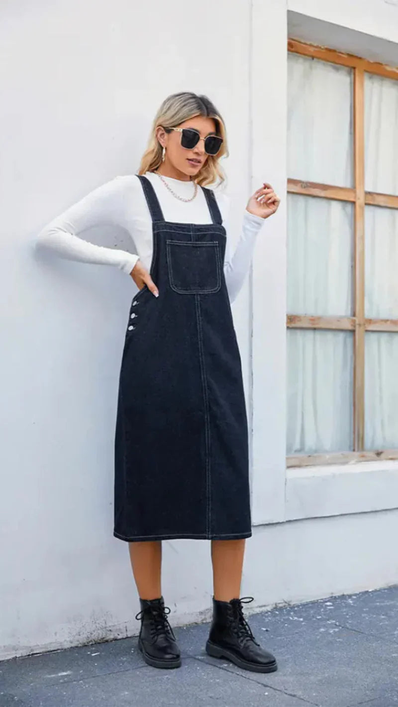 Casual Blue Jean Pinafore Dress - Olytrend