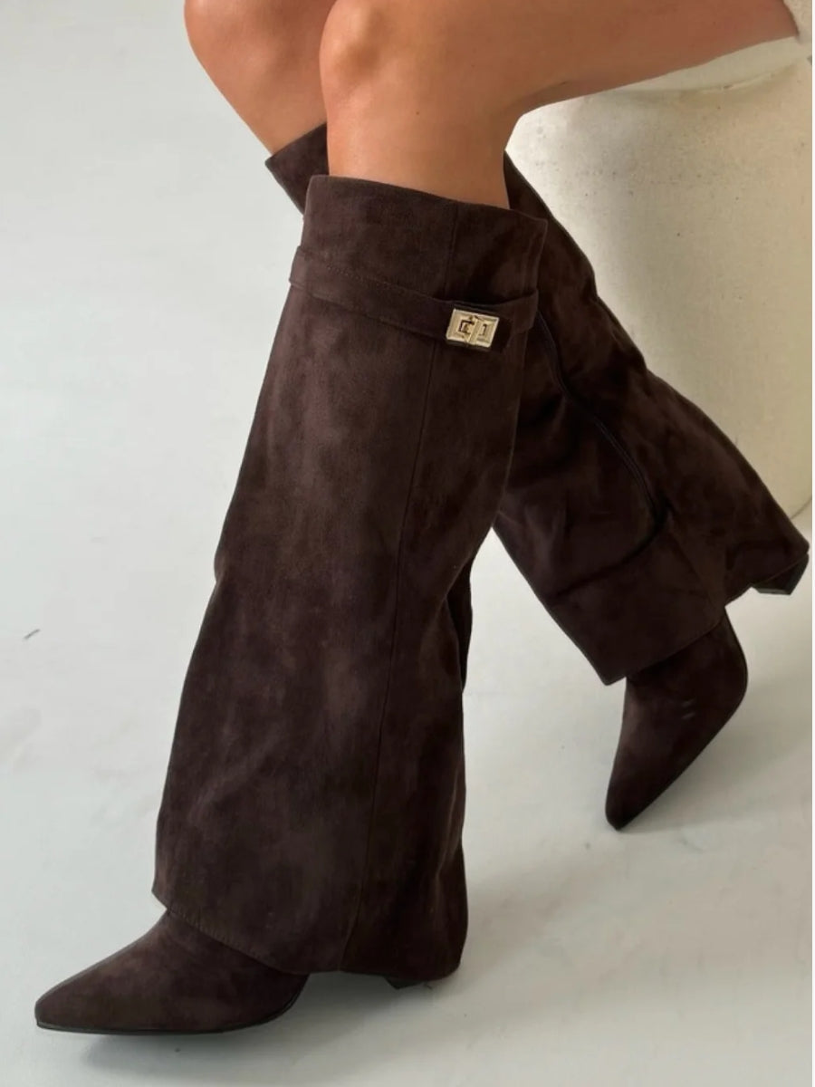 Tall Brown Leather Boots with Buckle Strap