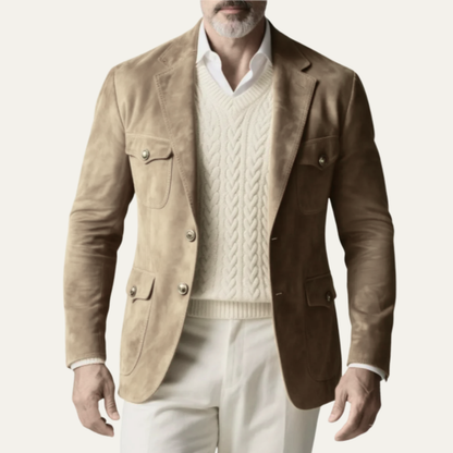 Classic Brown Leather Men's Blazer with Pockets - Nocini