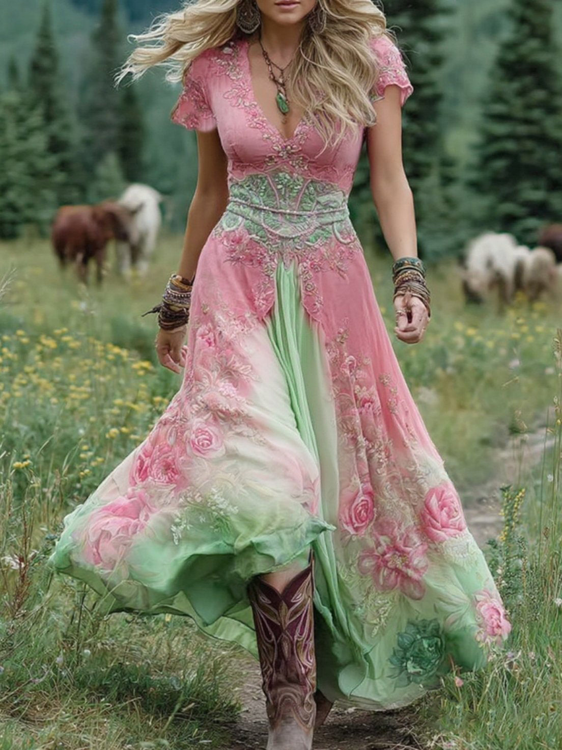 Colorful Floral Long Evening Dress