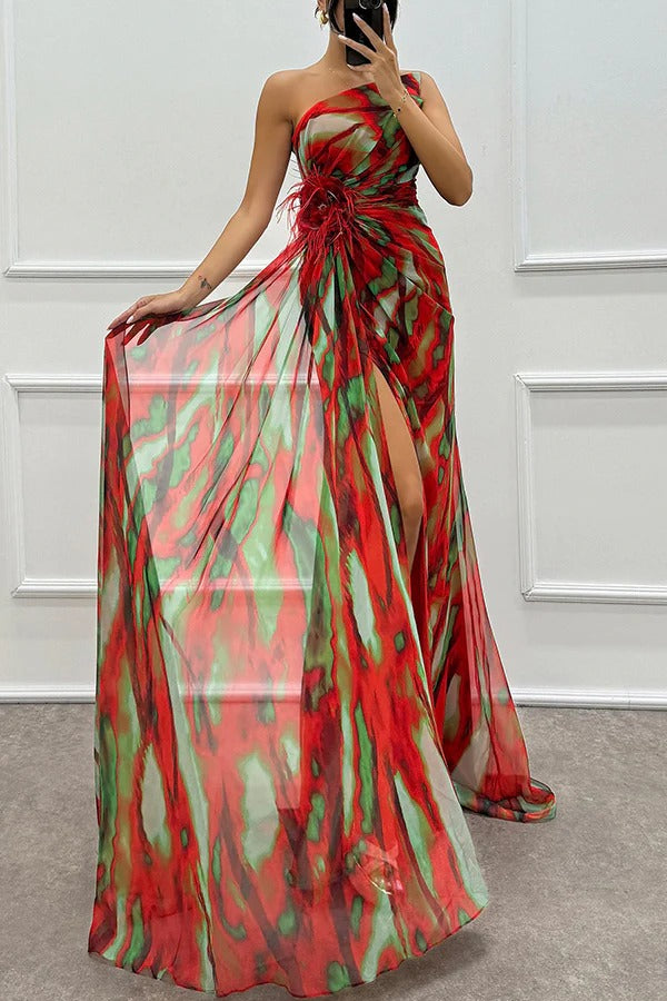 Elegant Long Maxi Dress with High Slit and Flowy Waist