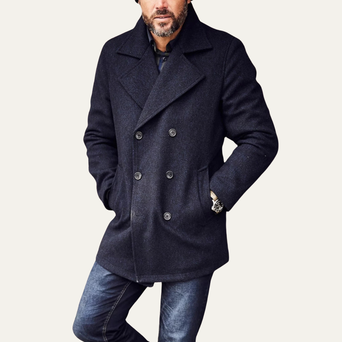Classic Men's Slim Fit Wool Navy Coat
