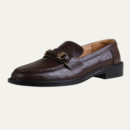 Men's Genuine Leather Slip On Loafers with Silver Buckle