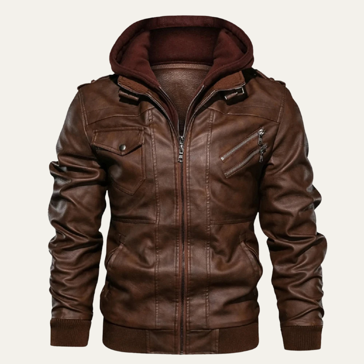 Classic Mens Vintage Leather Hoodie Jacket with Pockets
