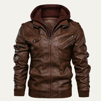 Classic Mens Vintage Leather Hoodie Jacket with Pockets