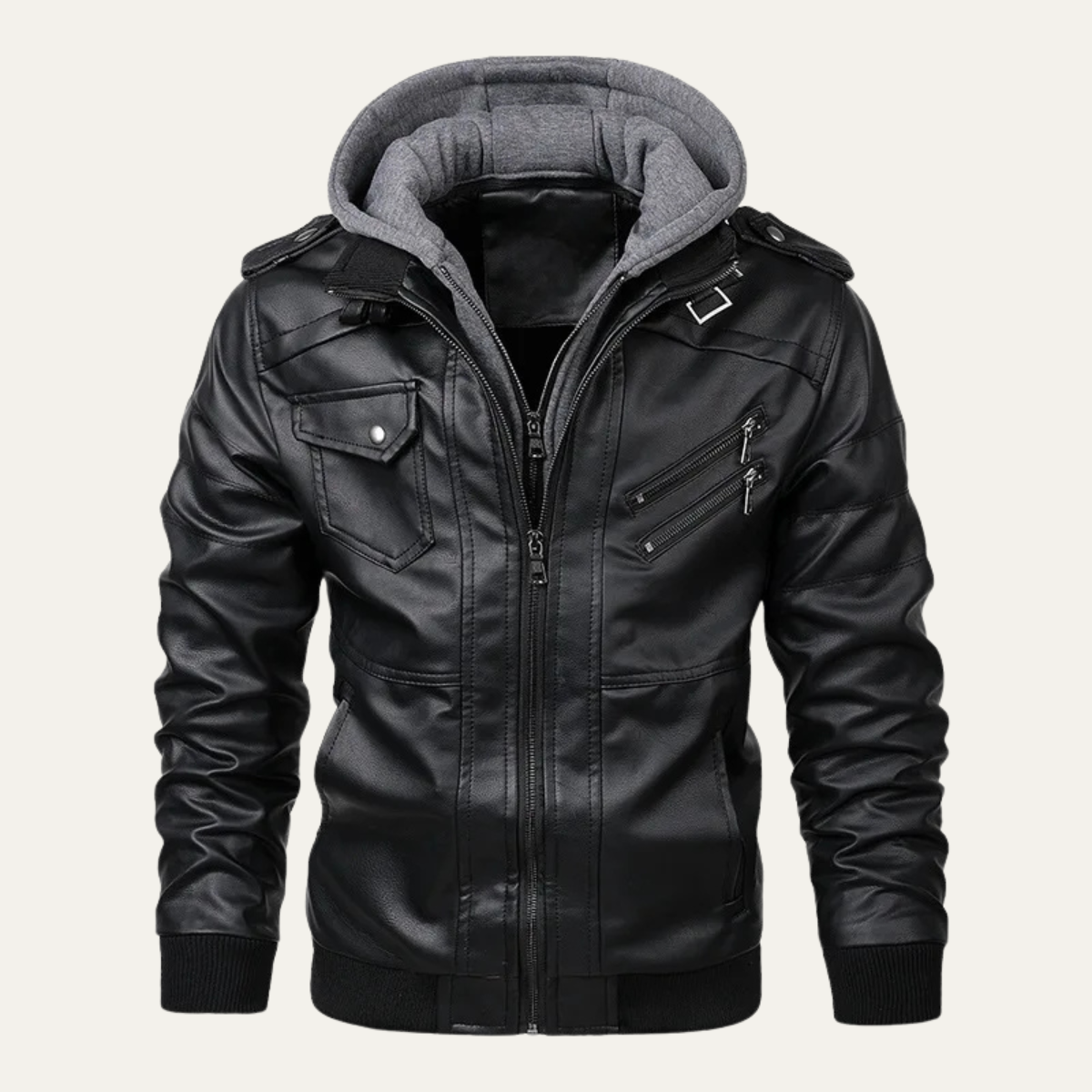 Classic Mens Vintage Leather Hoodie Jacket with Pockets - Nocini