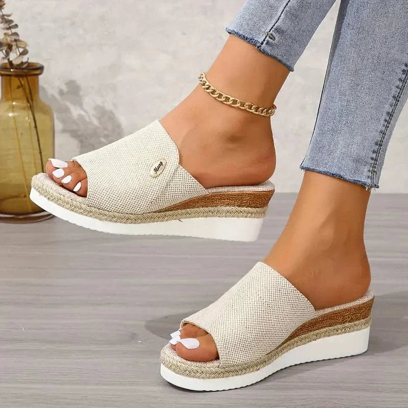 Ladies Blue Wedge Sandals with Natural Platform