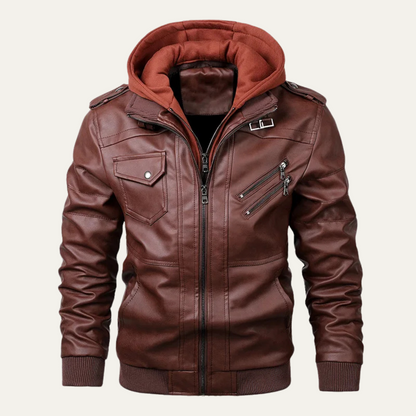 Classic Mens Vintage Leather Hoodie Jacket with Pockets