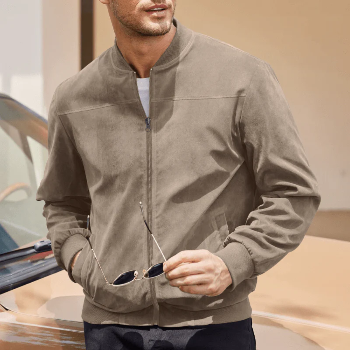 Classic Brown Leather Bomber Jacket for Men