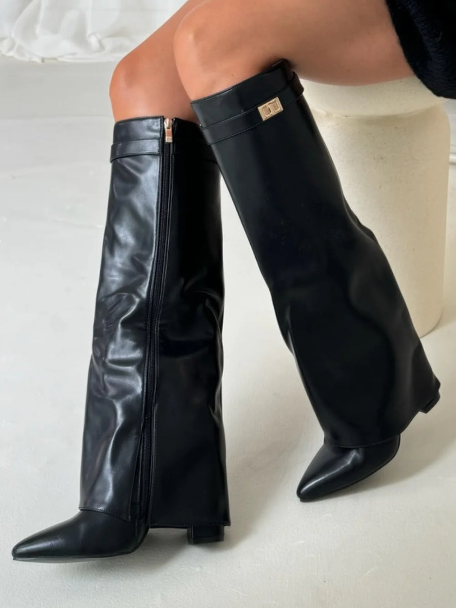Tall Brown Leather Boots with Buckle Strap