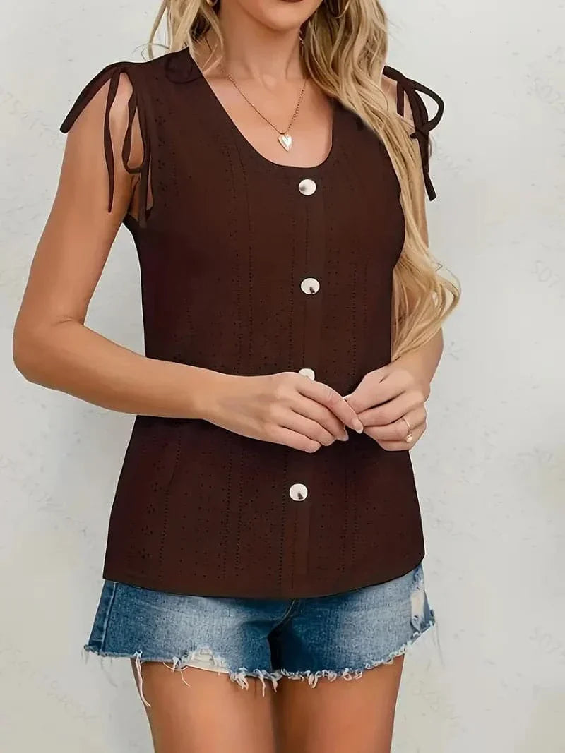 Women's Summer Tank Top with Buttons and Lace Detail - Nocini