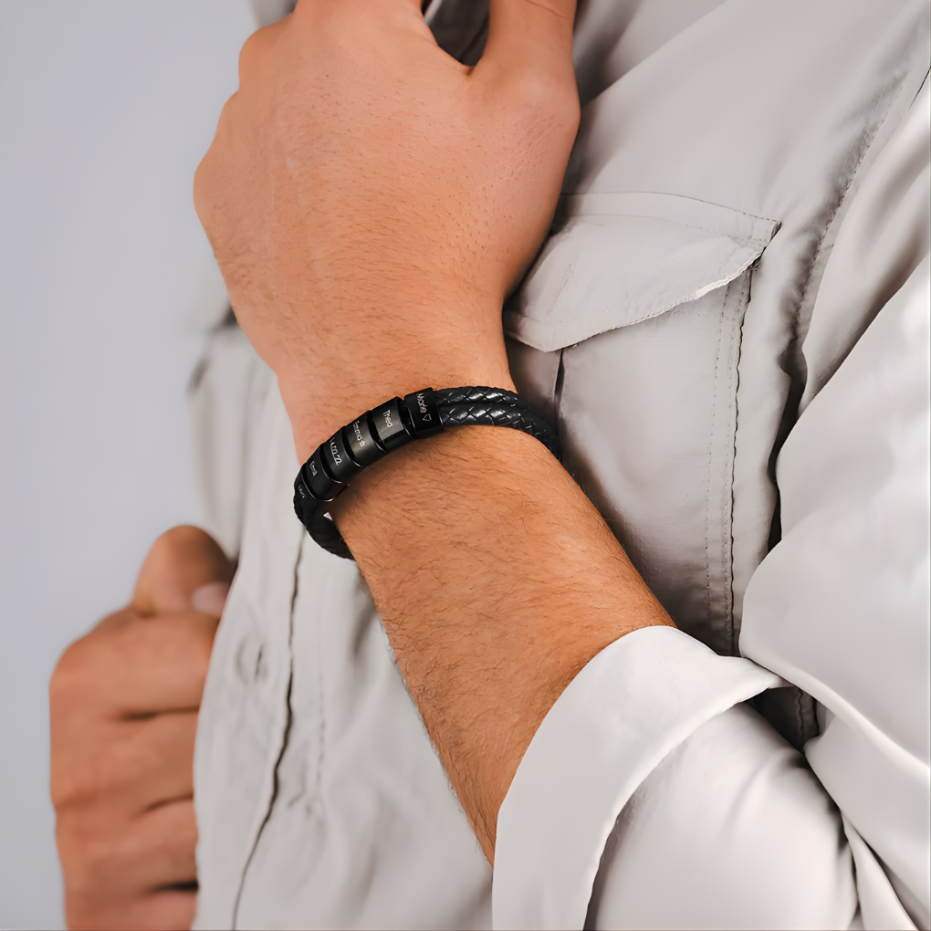 Leather Engraved Bead Men's Wristband