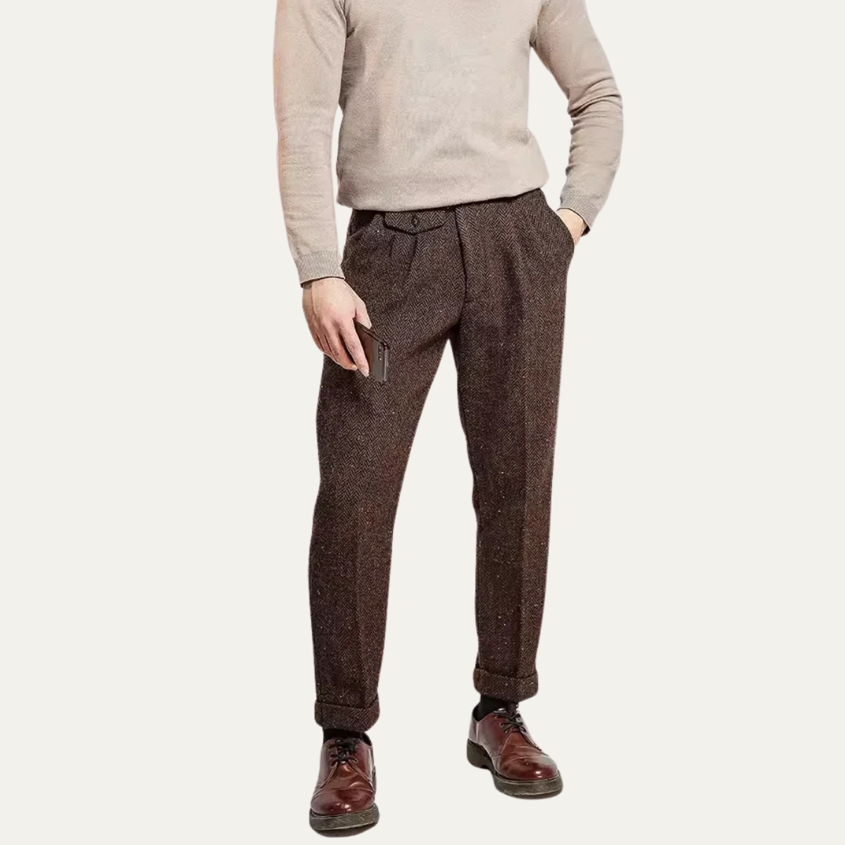 Classic Mens Wool Tweed Straight Leg Pants with Pockets