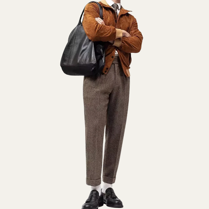 Classic Mens Wool Tweed Straight Leg Pants with Pockets