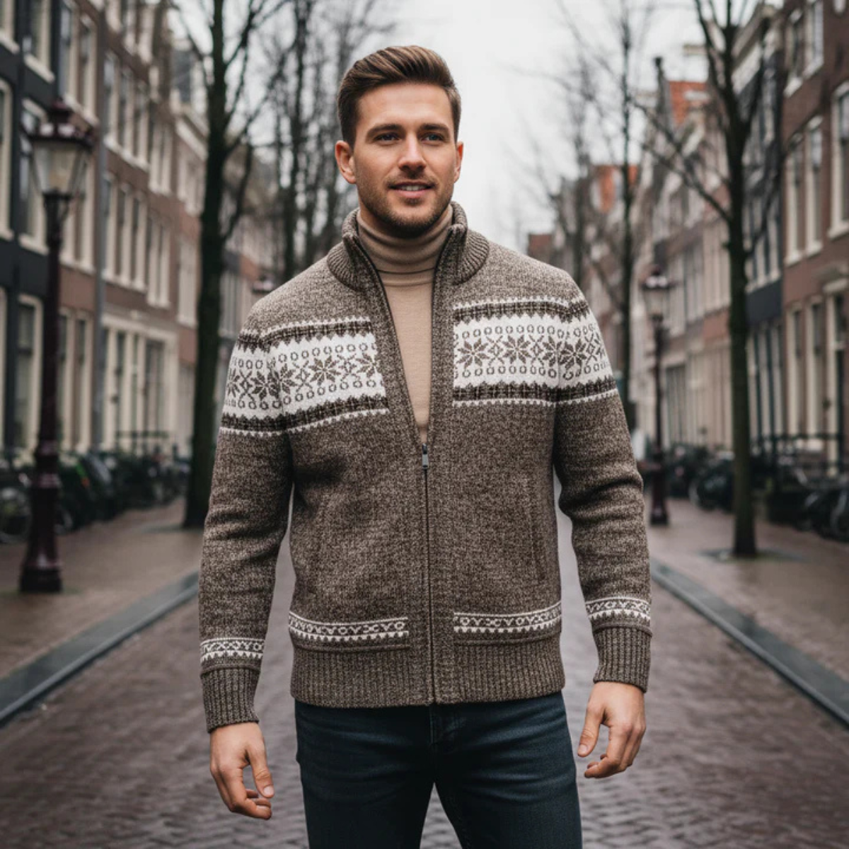 Warm Mens Nordic Pattern Crew Neck Sweater