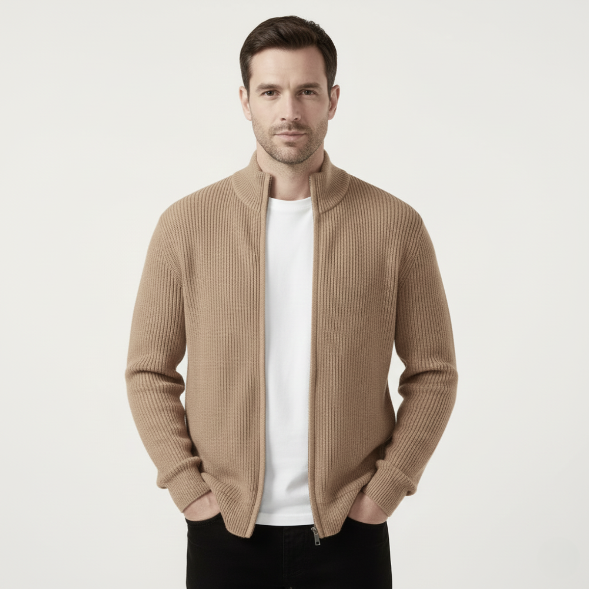 Men's Fashionable Crew Neck Zip Knit Sweater