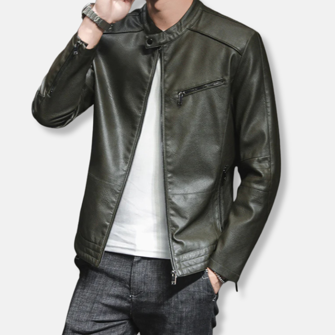 Men's Leather Biker Jacket Slim Fit Zip Pockets