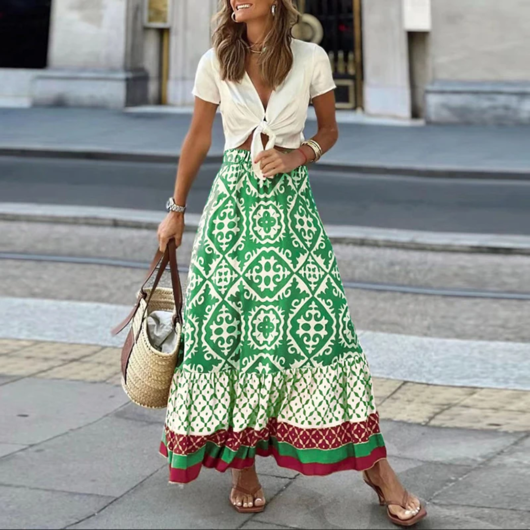 Flowy Long Skirt with Geometric Print and Tiered Hem