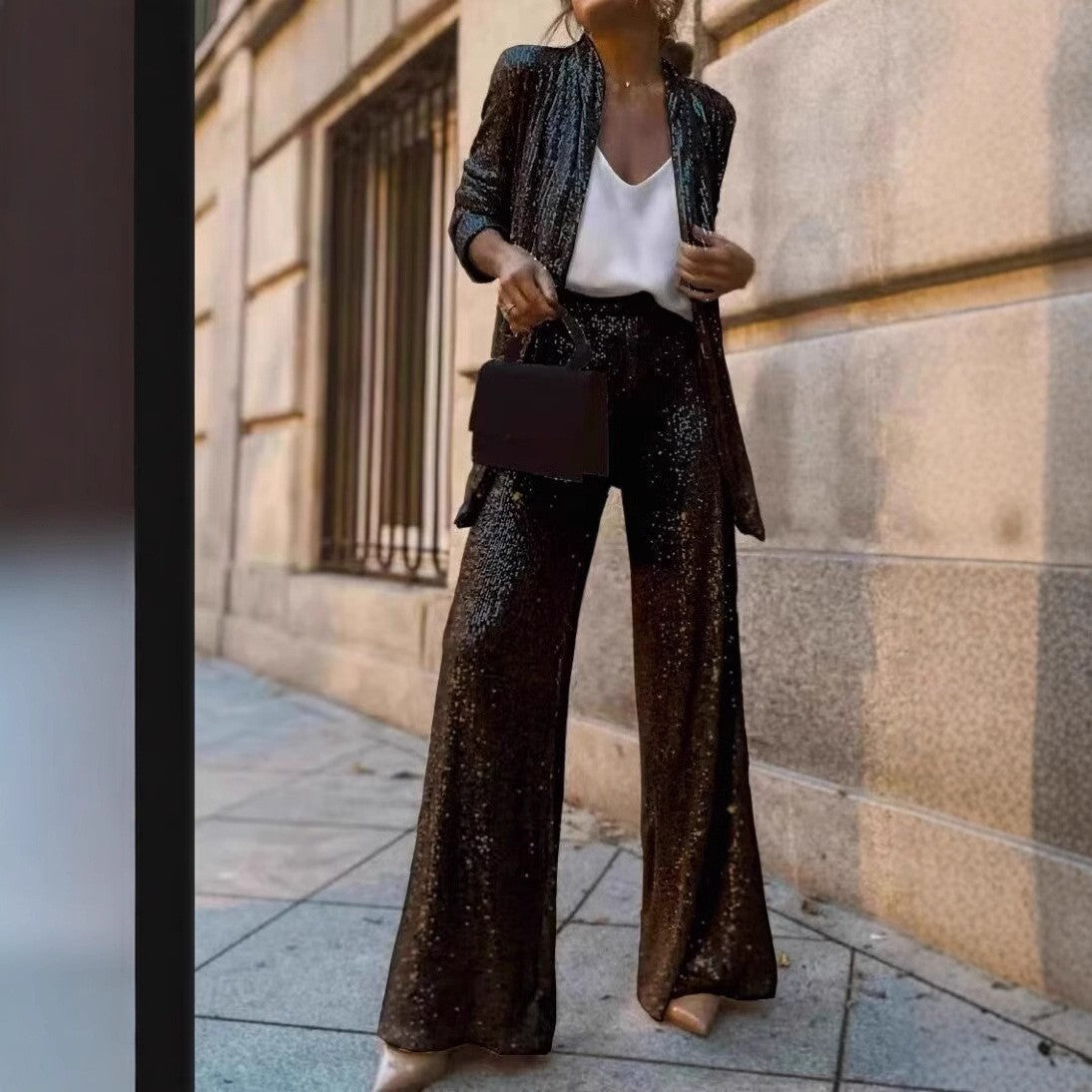 Glittering Sequin Blazer Jacket and Wide Leg Pants Set