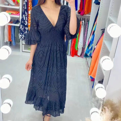 Ladies Embroidered V Neck Midi Dress - Nocini