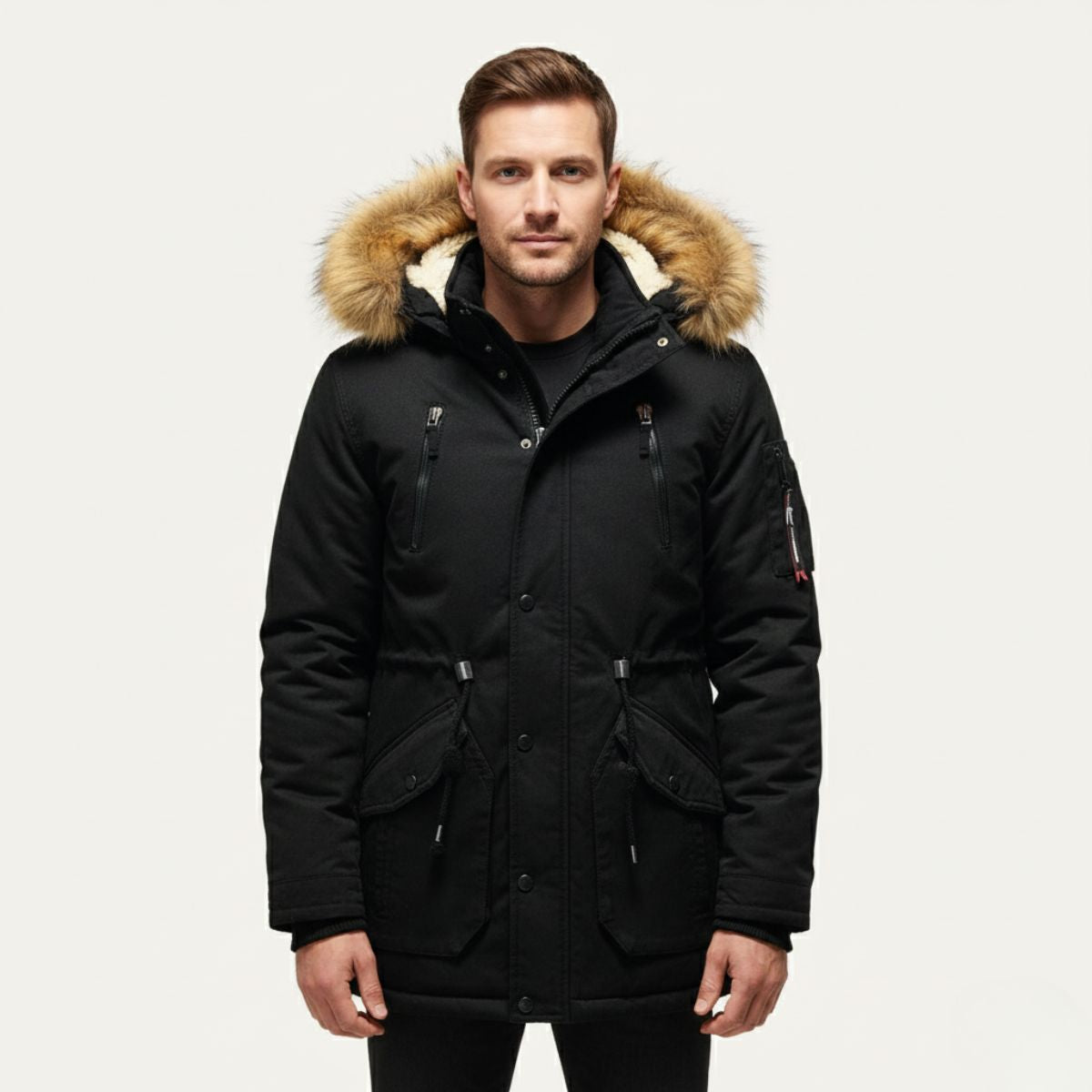 Warm Men's Down Parka Jacket with Faux Fur Hood