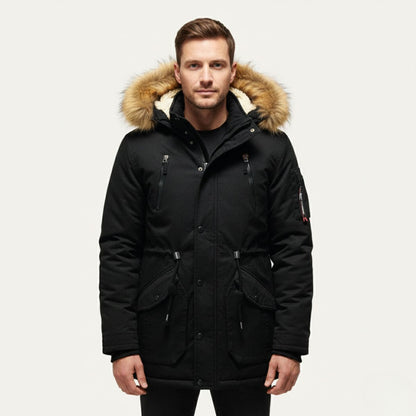 Warm Men's Down Parka Jacket with Faux Fur Hood