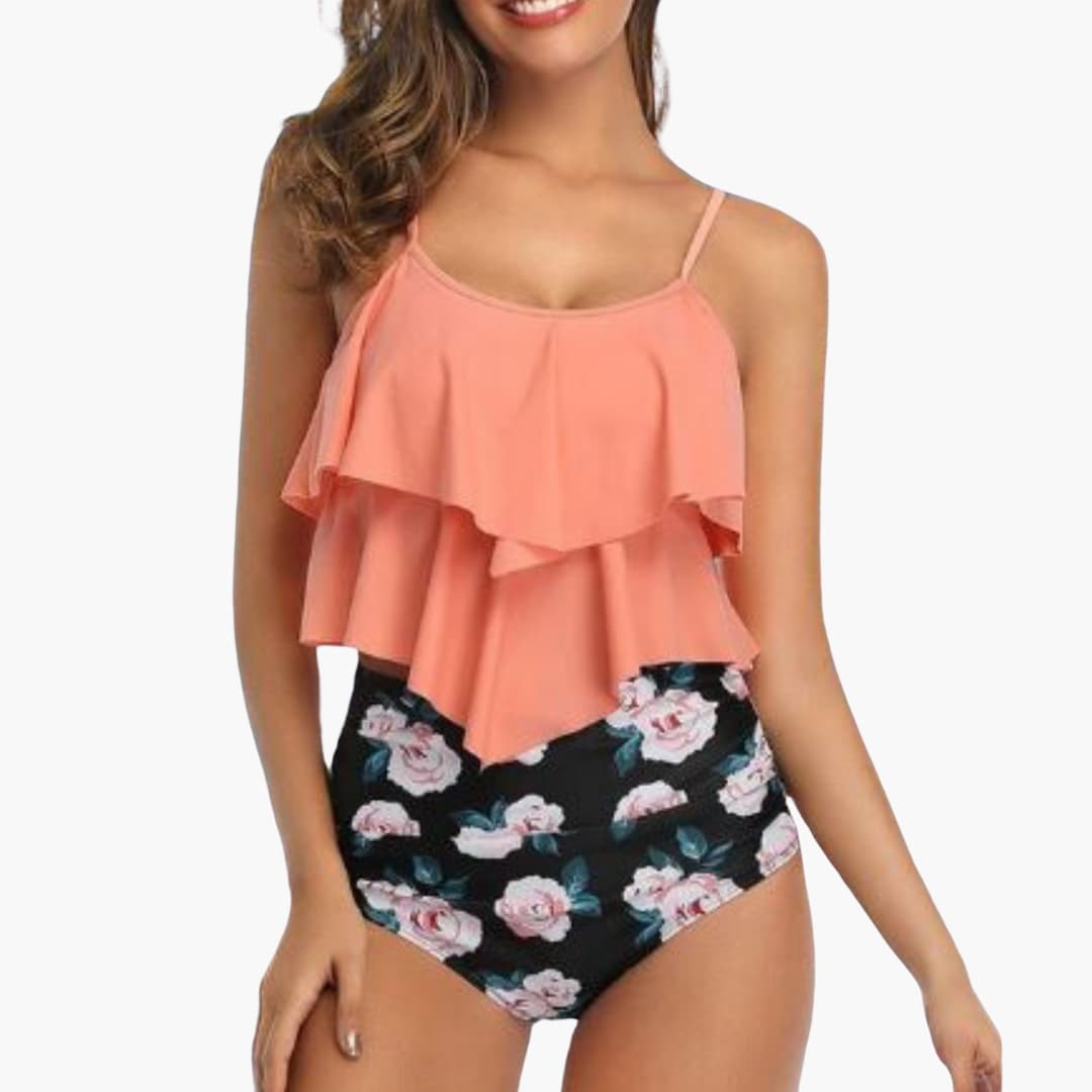 Flattering Two Piece Swimsuit with Ruching and Slimming Waist