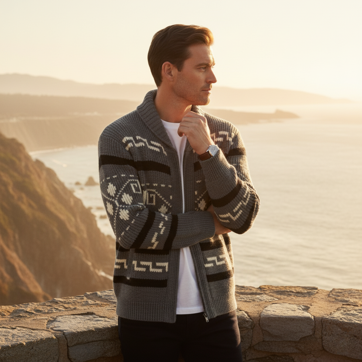Warm Mens Aztec Pattern Cardigan Sweater
