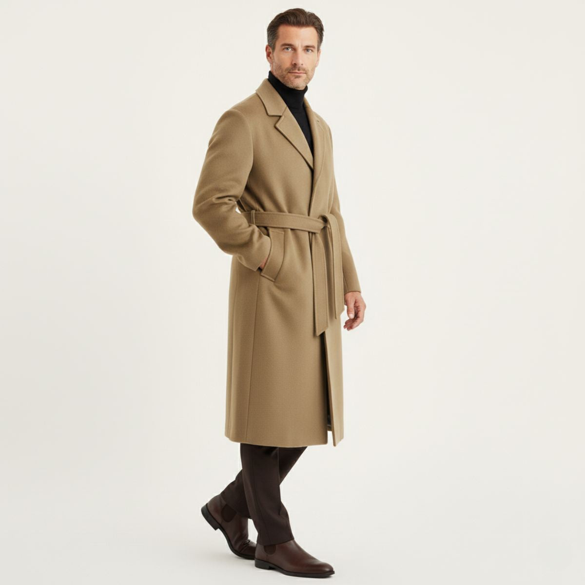 Classic Men's Tan Wool Overcoat with Belt