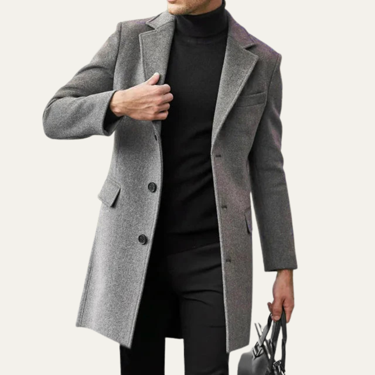 Slim Fit Classic Black Wool Overcoat for Men