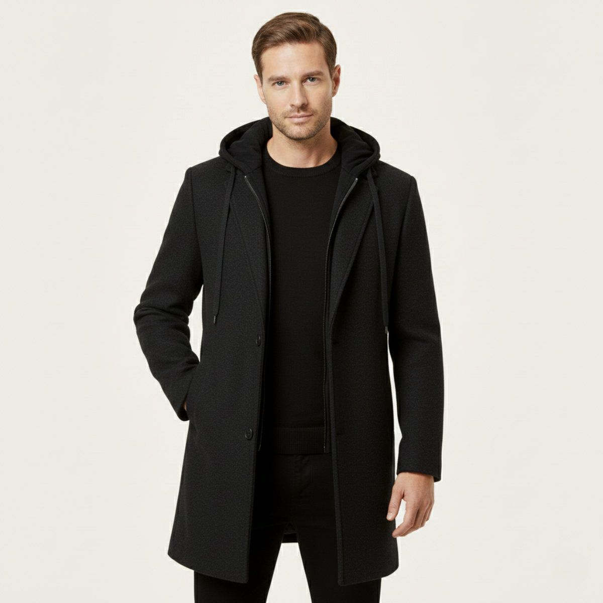 Warm Quilted Men's Wool Hooded Coat
