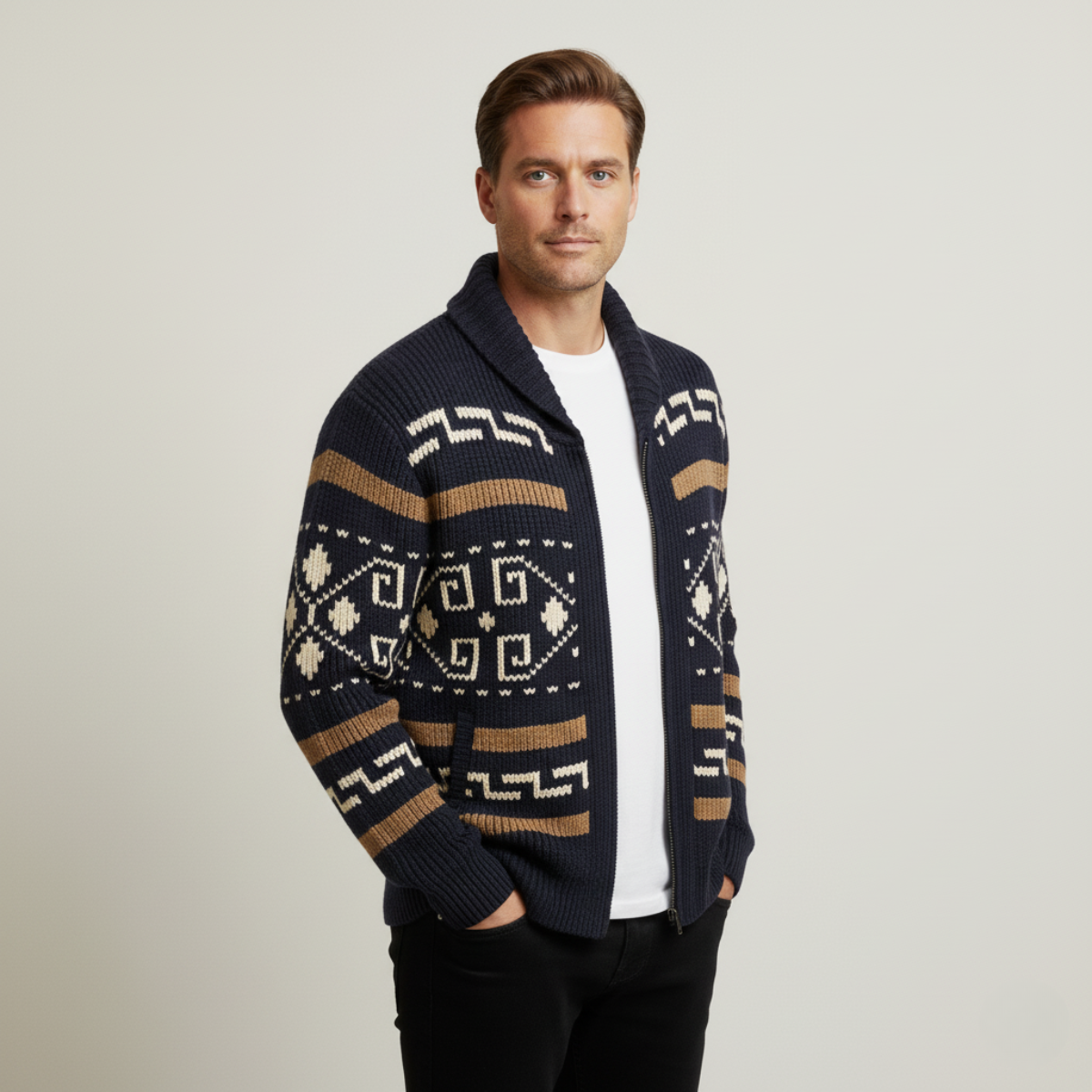 Warm Mens Aztec Pattern Cardigan Sweater